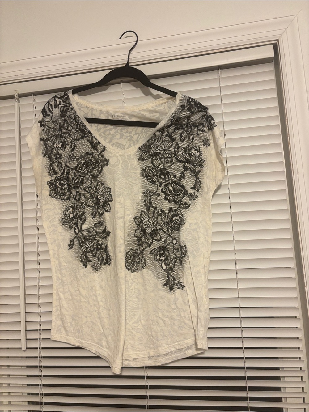 Express Cream Lace Top with Black Floral Appliqué